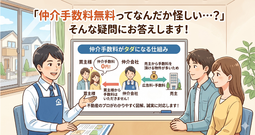 「仲介手数料無料ってなんだか怪しい…」そんな疑問にお答えします!新築建売などで仲介手数料がタダになる「からくり(売主からの手数料)」を不動産のプロがわかりやすく図解。無料になる物件の条件や、後悔しないために絶対に知っておくべき3つの注意点、隠れ費用の見抜き方を正直に解説します。