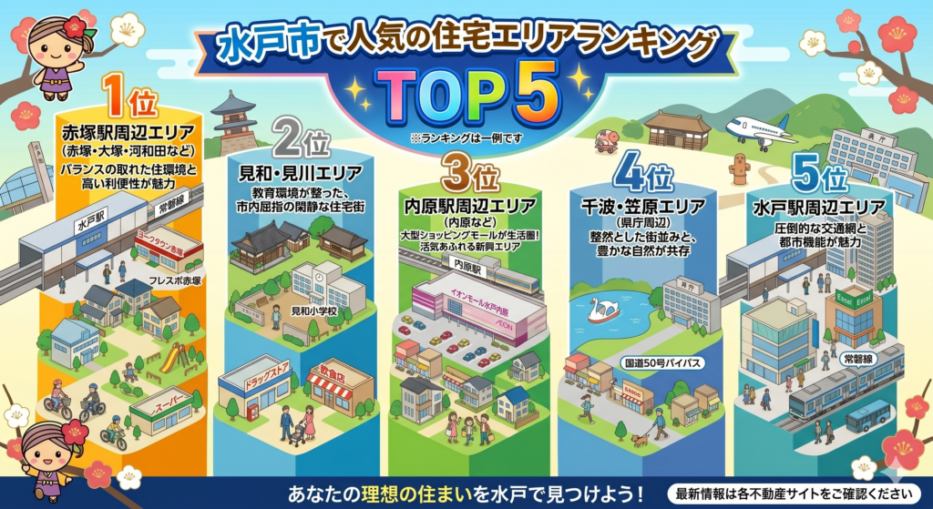 水戸市で新築建売や中古住宅をお探しの方へ。地元不動産のプロが2026年最新の「水戸市で人気の住宅エリアランキングTOP5」を発表!子育て世代に圧倒的人気の赤塚・見川エリアや、買い物に便利な内原エリアなど、各地域の特徴と「どんなご家族に向いているか」を徹底解説。後悔しないエリア選びの参考にしてください。