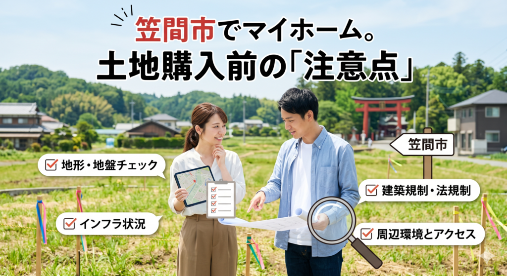 笠間市でマイホーム用の土地を購入する前に知っておきたい5つの注意点を徹底解説！車社会ならではの駐車場事情、上下水道の整備状況、安い土地に潜む「市街化調整区域」の罠など、後悔しない土地探しのための必須知識をまとめました。笠間市での家づくりを成功させたい方は必見です。