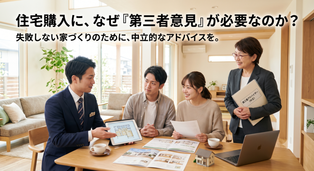 マイホーム購入で「本当にこの物件を買っていいの？」と迷っていませんか？売主側の不動産営業マンの言葉だけでなく、客観的な「第三者の意見（セカンドオピニオン）」が不可欠な理由をプロが解説。見落としがちなインフラや法律のリスク、適正価格の判断など、後悔しない決断をするためのポイントをご紹介します。