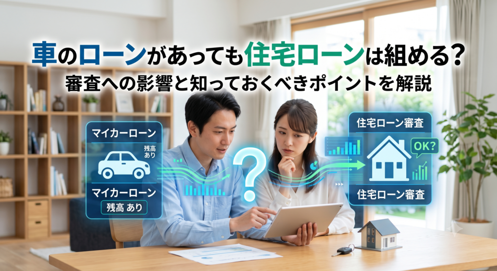 茨城県でマイホーム購入を検討中の方へ。車のローンが残っていても住宅ローンは組める?結論は「組めます」が、借入可能額が大幅に減額されるリスクがあります!審査の鍵となる「返済負担率」の仕組みから、事前完済、完済条件付き審査、おまとめローンなど、審査を通すための3つの解決策をプロが徹底解説します。