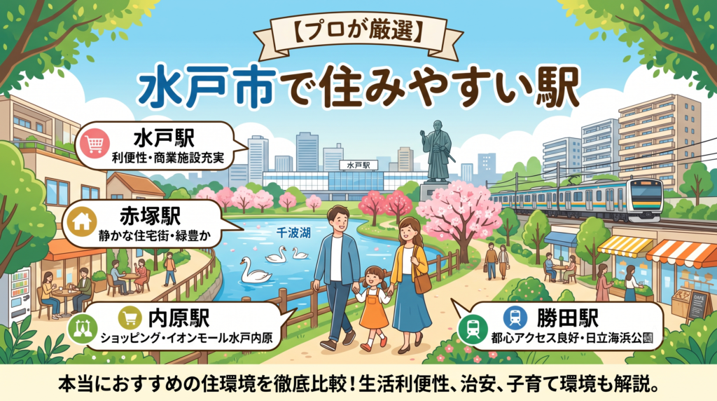 水戸市でマイホームを建てるならどこがおすすめ?JR常磐線の「水戸駅」「赤塚駅」「内原駅」の3駅を、住みやすさ・子育て環境・土地相場の視点からプロが徹底比較してランキング化!車社会の茨城だからこそ知っておきたい駅選びの注意点や、後悔しないエリアの決め方を解説します。