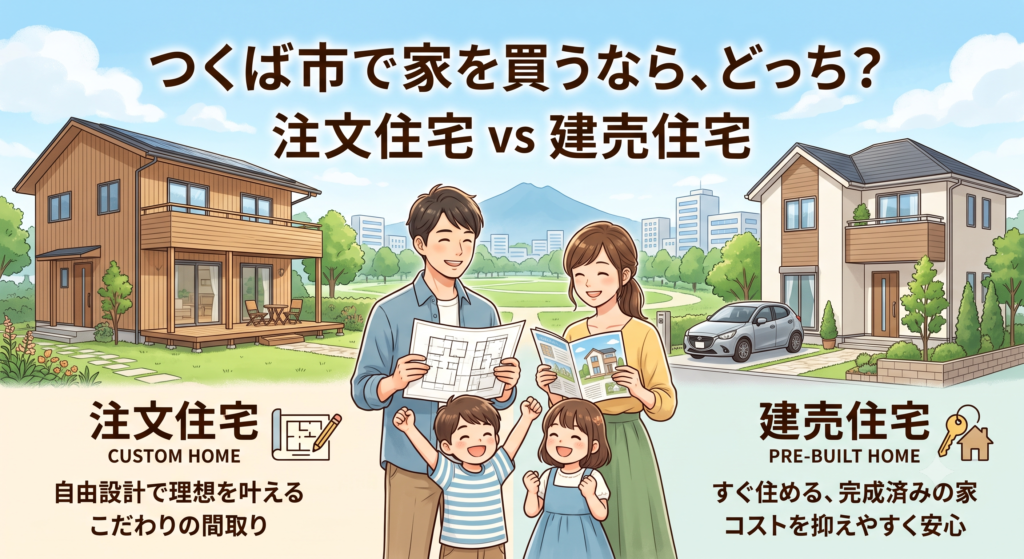 TX沿線の地価高騰が続くつくば市でマイホームを買うなら、自由度の高い「注文住宅」か、コスパに優れた「建売住宅」どっちが良い？それぞれのメリット・デメリットや、2026年の金利・建築費上昇を踏まえた賢い選び方を徹底比較！予算オーバーを防ぎ、フラットな視点で理想の暮らしを叶える不動産会社の活用法を解説します。