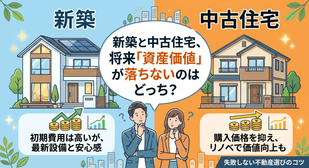 「せっかく買うなら新築の方が資産価値は高いはず」と勘違いしていませんか？実は、新築住宅は鍵を開けた瞬間に「新築プレミアム」が剥がれ落ち、資産価値が10%〜20%も下落します。将来の住み替えや老後の資金難（住宅ローン割れ）で後悔しないために、不動産のプロが「新築と中古のリアルな価格推移」と「負動産を買わないための鉄則」を徹底解説。他社物件の将来価値を判定する【無料LINEセカンドオピニオン】も受付中！