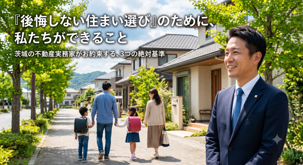 「不動産会社はどこも同じ」「家を買う(売る)のは不安だらけ」とお考えではありませんか?マイホーム購入や不動産売却において、お客様が絶対に後悔しないために、私たち茨城の地元密着エージェントができること。それは、徹底した「隠れコストの排除」と「安全な資金計画」でご家族の未来を守り抜くことです。自社の利益よりもお客様の安全を優先する、実務家としての3つのお約束と、無料セカンドオピニオンへの思いをお伝えします。