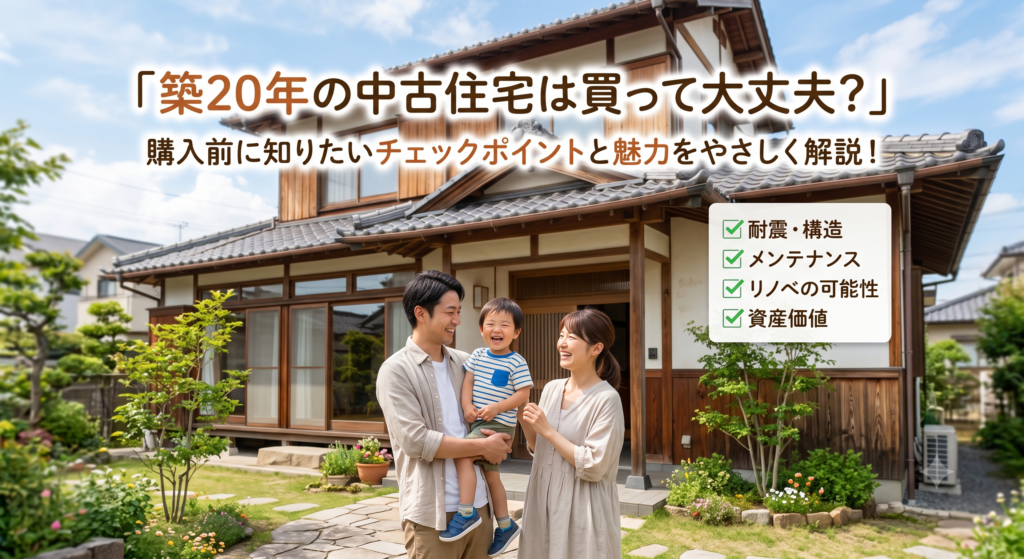 「築20年の家は古すぎる？買って大丈夫？」とお悩みの方へ。実は2000年の新耐震基準（木造の接合部強化など）をクリアしている築20年の物件は、価格が底値に近く「コスパ最強の狙い目」です！しかし、外壁や水回りなど「見えない劣化」を見落とすと数百万円の赤字になることも。不動産のプロが、失敗しないための確認ポイントと、他社物件でも安心の「セカンドオピニオン」の活用法を徹底解説します。