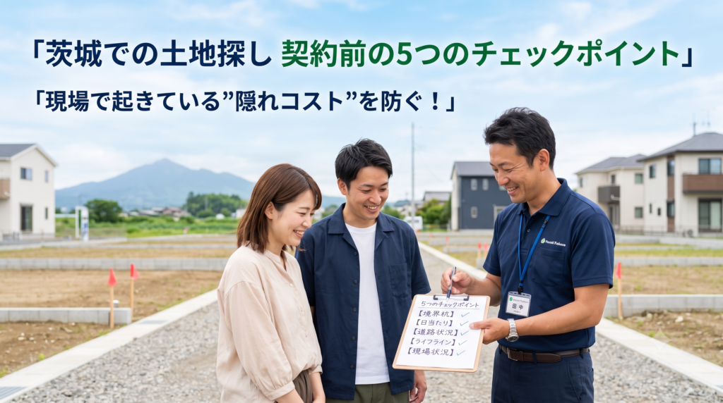 「広くて条件の良い土地を見つけた！」と契約を急ぐ前に。茨城県の土地探しでは、インフラ設備（浄化槽など）や地盤、市街化調整区域などの「見えない隠れコスト」を見落とし、購入後に数百万円の予算オーバーに陥るケースが現場で実際に起きています。契約前に必ず確認すべき5つのチェックポイントと、安全な資金計画を導き出す「無料セカンドオピニオン」の活用法を、実務家が分かりやすく解説します。