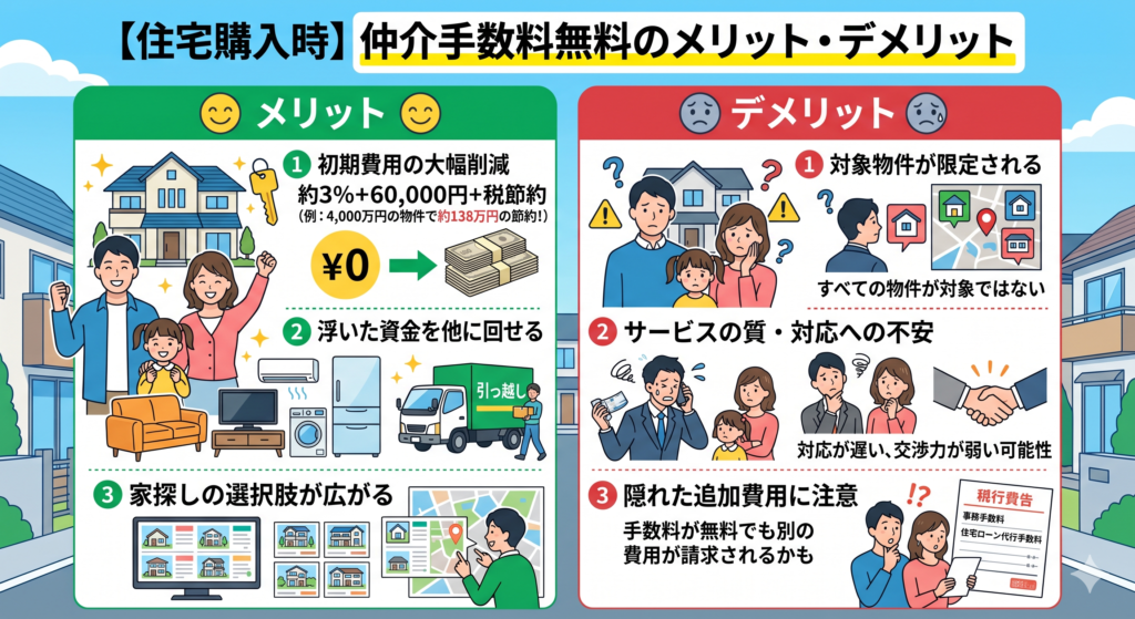 マイホーム購入で「仲介手数料無料」の不動産会社を選ぶべきか迷っていませんか？この記事では、100万円以上の初期費用が浮く最大のメリットから、物件の選択肢が減る・交渉力が弱いといった知られざるデメリットまで、不動産のプロが徹底比較。損をしないための賢い選び方を解説します。