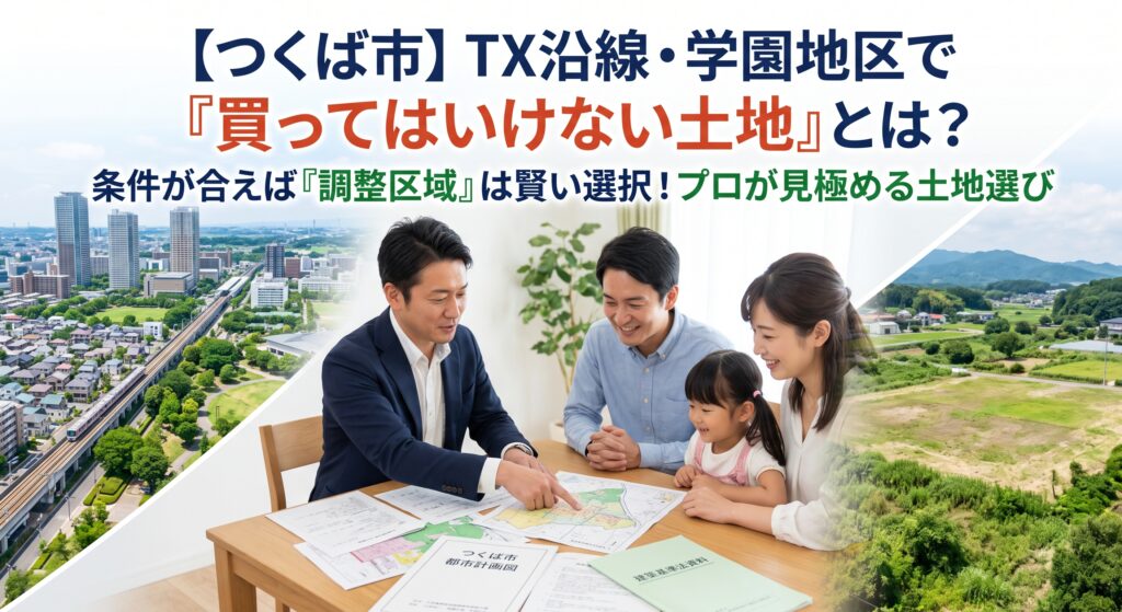 つくば市で人気の学園地区やTX沿線で土地を探す際、表面的な価格や立地だけで選ぶと、インフラ整備費や地盤改良などで数百万円の追加費用が発生する危険があります。不動産売買の現場から「買ってはいけない土地」の共通点と、条件が合えば費用を抑えて広い家が建つ「市街化調整区域の賢い活用法」を徹底解説。見えないリスクを契約前に排除する無料セカンドオピニオンをご紹介します。