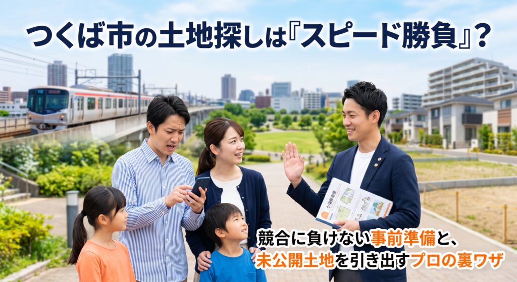「つくば市で良い土地を見つけたのに、タッチの差で別の人に買われてしまった…」そんな悔しい経験はありませんか?TX沿線の発展で土地探しが「スピード勝負」となっているつくば市。競合に負けずに即決するための「絶対的な事前準備」と、ネットに出る前に理想の土地を勝ち取る実務家ならではの「ピンポイント地権者交渉」の裏ワザを大公開!隠れコストを防ぐ無料セカンドオピニオンも受付中です。