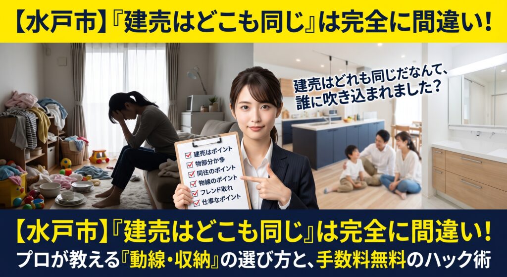 「水戸市でマイホームを探しているけど、新築建売なんてどこも同じような間取りでしょ?」と妥協しようとしていませんか?実は、ビルダー(建築会社)によってターゲット層が異なり、家事動線や収納の使い勝手には雲泥の差があります。不動産の実務家が、共働き・子育て世代が絶対に確認すべき「動線・収納のチェックリスト」を大公開!さらに、トチラボの『購入サポート』で仲介手数料を最大無料にし、総額をガッツリ抑えるハック術も徹底解説します。