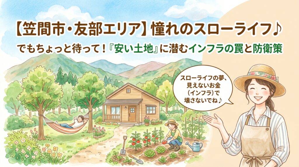 「笠間市の友部エリアで、自然に囲まれたスローライフを楽しみたい！」ネットで見つけた広くて格安の土地に、ワクワクしていませんか？でもちょっと待ってください。郊外の安い土地には「水道管が来ていない」「下水道がなく浄化槽が必要」といった、数百万円の『隠れコスト（インフラ整備費）』が潜んでいることが多々あります。笠間市での解体や測量実務に強い不動産のプロが、予算オーバーを防ぎ、夢のスローライフを安全に叶えるための見極め方を優しく解説します♪