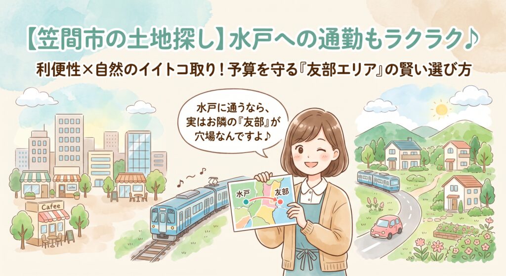 「水戸市に通勤するから、水戸市内で土地を探さなきゃ!」と思い込んでいませんか?実はその条件、数百万円の予算オーバーを引き起こす罠かもしれません。水戸へのアクセスが抜群なのに、土地の価格がグッと下がり、自然豊かで広いお庭も手に入る笠間市の「友部エリア」は、知る人ぞ知るコスパ最強の穴場です!不動産の実務家が、利便性とスローライフを両立させ、ご家族の予算を守り抜く賢いエリア選びを優しく解説します♪