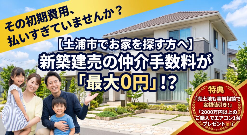 土浦市(東真鍋周辺など)でマイホームや土地をお探しの方必見!新築建売物件の仲介手数料が【全額無料】になる特別キャンペーンを実施中。さらに売地は定額値引き、2000万円以上のご成約で最新エアコン1台プレゼント!他社物件の「無料セカンドオピニオン」もLINEで即日対応します。