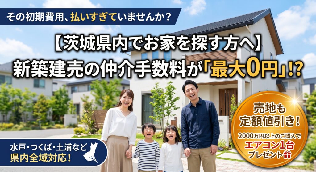 茨城県内でマイホーム・土地をお探しの方必見!新築建売の仲介手数料が【全額無料】になる特別キャンペーンを実施中(水戸・つくば・土浦・ひたちなか等、県内全域対応)。売地は定額値引き、2000万円以上のご成約で最新エアコン1台プレゼント!他社物件の「無料セカンドオピニオン」もLINEで受付中。初期費用を抑える裏ワザを公開します。