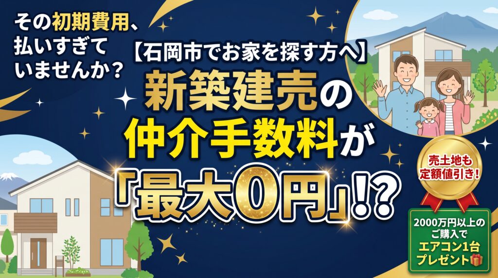 石岡市でマイホーム・土地をお探しの方へ。新築建売の仲介手数料が【全額無料】になる特別キャンペーンを実施中！さらに売地のご購入は定額値引き、2000万円以上でエアコン1台プレゼントも。他社で見つけた物件の「無料セカンドオピニオン」もLINEで受付中。初期費用を抑えて賢く家を買う秘密を公開します。