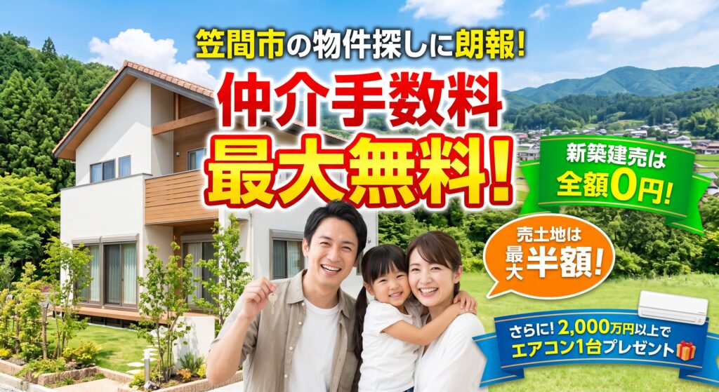 笠間市でマイホームや土地をお探しの方必見!新築建売物件の仲介手数料が【全額無料】になる特別キャンペーンを実施中。さらに2000万円以上の物件購入でエアコン1台プレゼント!初期費用を数百万円単位で抑えて賢く家を買う方法を公開しています。他社物件のセカンドオピニオンもLINEで無料受付中。