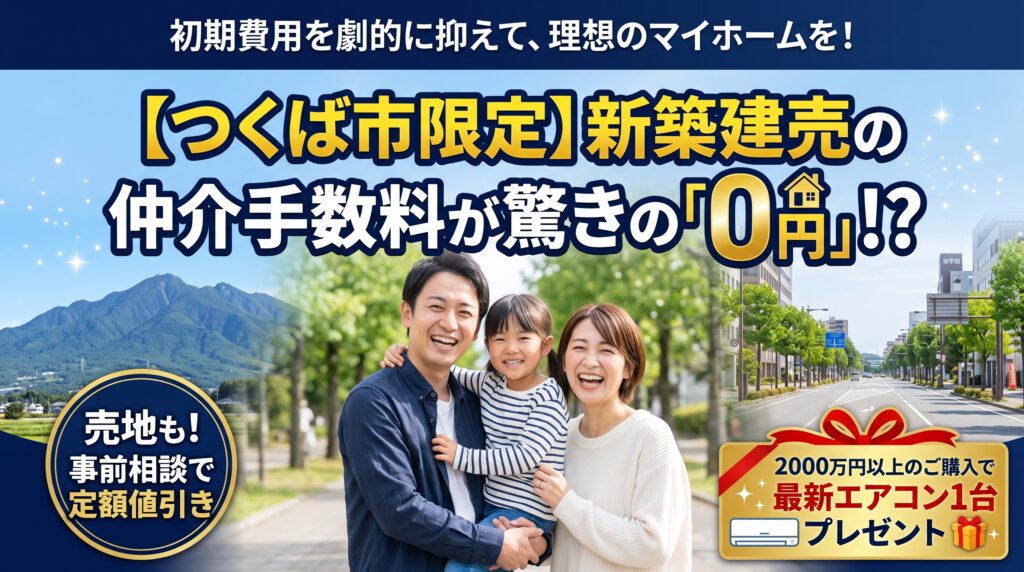 つくば市でマイホームや土地をお探しの方必見!新築建売物件の仲介手数料が【全額無料】になる特別キャンペーンを実施中。さらに2000万円以上の物件購入で最新エアコン1台プレゼント!初期費用を賢く抑える裏ワザを公開。他社で見つけた物件の「無料セカンドオピニオン」もLINEで受付中です。