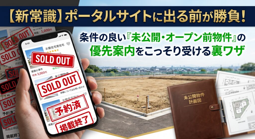 「毎日SUUMOやアットホームを見ているのに、良い物件はいつも売約済み…」とため息をついていませんか？実は、条件の良い優良物件はネットに公開される前に、水面下でVIP客へ優先的に案内され「完売」しています。茨城県内で自ら土地の仕入れや開発実務を行うプロが、ポータルサイトに出る前の『未公開・オープン前物件』の情報をこっそり引き出すコツと、仲介手数料が最大無料になるトチラボの『購入サポート』の秘密を大暴露します！