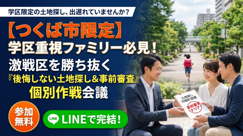 「子どもを通わせたい人気の学区があるけれど、つくば市内で土地が出ない…出ても高すぎる！」とお悩みのご家族へ。教育熱心なファミリーが集まるつくば市の人気学区は、日本屈指の土地激戦区です。ネットに情報が出るのを待っているだけでは、一生優良な土地は買えません。つくばの不動産実務を知り尽くしたエージェントが、未公開土地を勝ち取るための『事前審査の重要性』と『隠れコストの防ぎ方』を伝授する、学区重視ファミリーのための個別相談会を無料開催。LINEから今すぐ作戦会議を始めましょう！