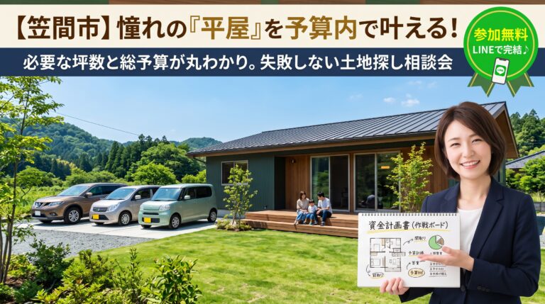 【笠間市】憧れの「平屋」を予算内で叶える！必要な坪数と総予算が丸わかりの『失敗しない土地探し相談会』