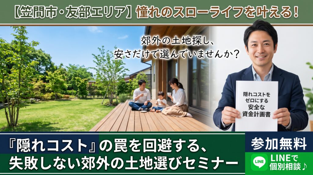「笠間市や友部エリアで、広いお庭のあるスローライフを楽しみたい!」とお考えですか?郊外の広くて安い土地には、実は「水道管が通っていない」「擁壁工事が必要」といった数百万円単位の『隠れコスト』が潜んでいることが多々あります。安さだけで土地を買い、後から予算オーバーで絶望しないために。茨城の不動産実務を知り尽くしたエージェントが、郊外特有のリスクを丸裸にし、仲介手数料を削って予算にゆとりを生み出す『失敗しない土地選びセミナー(個別相談会)』を無料開催。LINEから今すぐエントリーを!