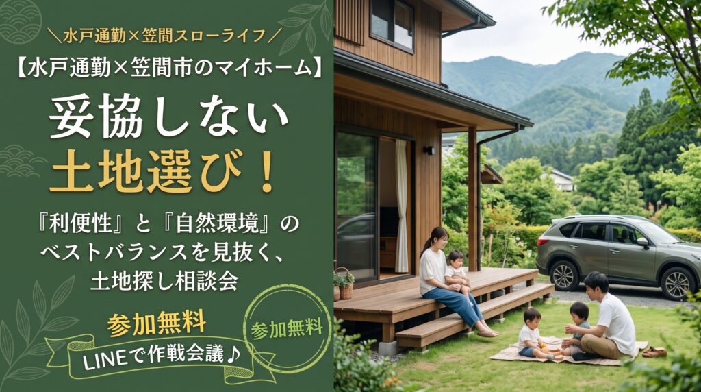 「水戸市内で働いているけれど、水戸の土地は高くて狭い…」「自然豊かな笠間市に住みたいけど、毎日の通勤が不便にならないか心配」とお悩みのご家族へ。実は、笠間市や友部エリアには、水戸へのアクセスが抜群に良く、かつ広々としたお庭を持てる「ベストバランスなお宝エリア」が存在します。ただし、安さだけで選ぶと数百万円の隠れコストが発生する危険も！不動産の実務家が、通勤の利便性と自然環境を両立し、絶対に予算オーバーしない土地選びのハック術を無料のLINE相談会で伝授します。