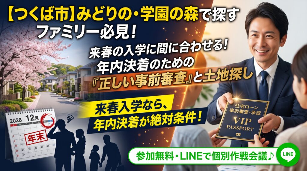 「来年(2027年)の春、つくば市のみどりの・学園の森学区で子どもを小学校に通わせたい!」とお考えの皆様。日本屈指の激戦区であるこのエリアで来春の入居に間に合わせるには、土地や建売物件を「年内に決着」させることが絶対条件です。しかし、焦ってやみくもに住宅ローンの事前審査を出すのは絶対にNG!信用情報に傷がつき、いざという時にローンが通らなくなる危険があります。不動産の実務家が、激戦区の未公開情報を勝ち取るための『戦略的な事前審査』と『仲介手数料を削るハック術』を大公開。LINEで無料相談を実施中です!