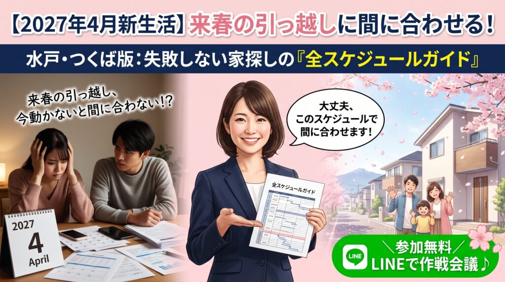 「来年の4月、子どもの入学に合わせて新しい家で新生活を始めたい!」とお考えの皆様。実は、今すぐ動き出さないと来春の入居には間に合いません。期限に焦って不動産屋に駆け込むと、営業マンに「早くしないと売れますよ」と煽られ、予算オーバーの物件や高額な仲介手数料を払わされるカモになります。水戸・つくばの実務を知り尽くしたエージェントが、来春に間に合わせるための「逆算スケジュール」と、初期費用を劇的に削るハック術を大公開。LINEで無料の作戦会議を始めましょう!