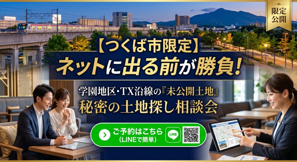 「つくば市の学園地区やTX沿線で土地を探しているけど、ネットには高くて売れ残りの土地しかない…」と絶望していませんか？日本屈指の激戦区であるつくば市では、条件の良い土地はSUUMOなどのポータルサイトに出る前に「水面下」で完売しています。つくばの実務を知り尽くした不動産エージェントが、未公開情報をこっそり引き出すハック術と、絶対に予算オーバーしない資金計画を伝授する『つくば市限定・土地探し相談会』を無料開催！LINEから今すぐエントリーを！
