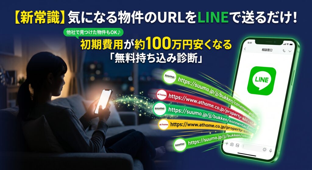 「SUUMOで気になる物件を見つけた!でも、直接問い合わせると営業がしつこそうだし、仲介手数料も高そう…」とお悩みではありませんか?そんな時は、不動産屋に行く前にトチラボの「無料持ち込み診断」をご活用ください!お手元のスマホから物件のURLをLINEで送るだけで、実務家が「隠れコストの有無」を客観的に診断し、さらに『購入サポート』で仲介手数料(約80万円〜100万円)が無料になるか即座に判定します。賢くお得にマイホームを手に入れるハック術を大公開!