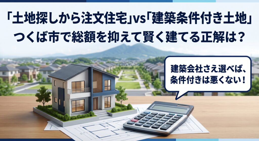 つくば市でマイホームを建てる際、「好きなハウスメーカーで建てられる条件なし土地」と「建築会社が決まっている建築条件付き土地」、どちらを選ぶべきか迷っていませんか?実は「条件付き土地=妥協」ではありません。指定の建築会社が希望に合えば、インフラ整備費などの隠れコストを大幅に抑え、総額で数百万お得になる賢い選択肢になります。実務家が教える正しい選び方と、予算オーバーを防ぐ無料セカンドオピニオンをご紹介します。